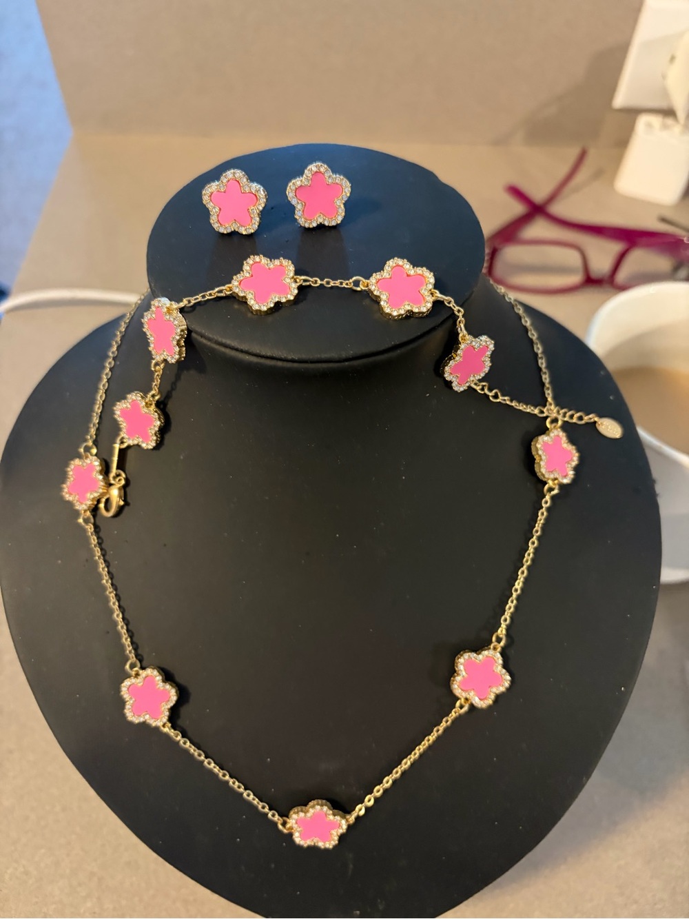 Pink Clover Motif Gold-Plated Necklace, Bracelet and Stud Earring Set